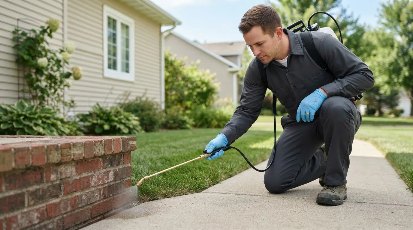Pest control technician treating a home near Marshallberg, NC